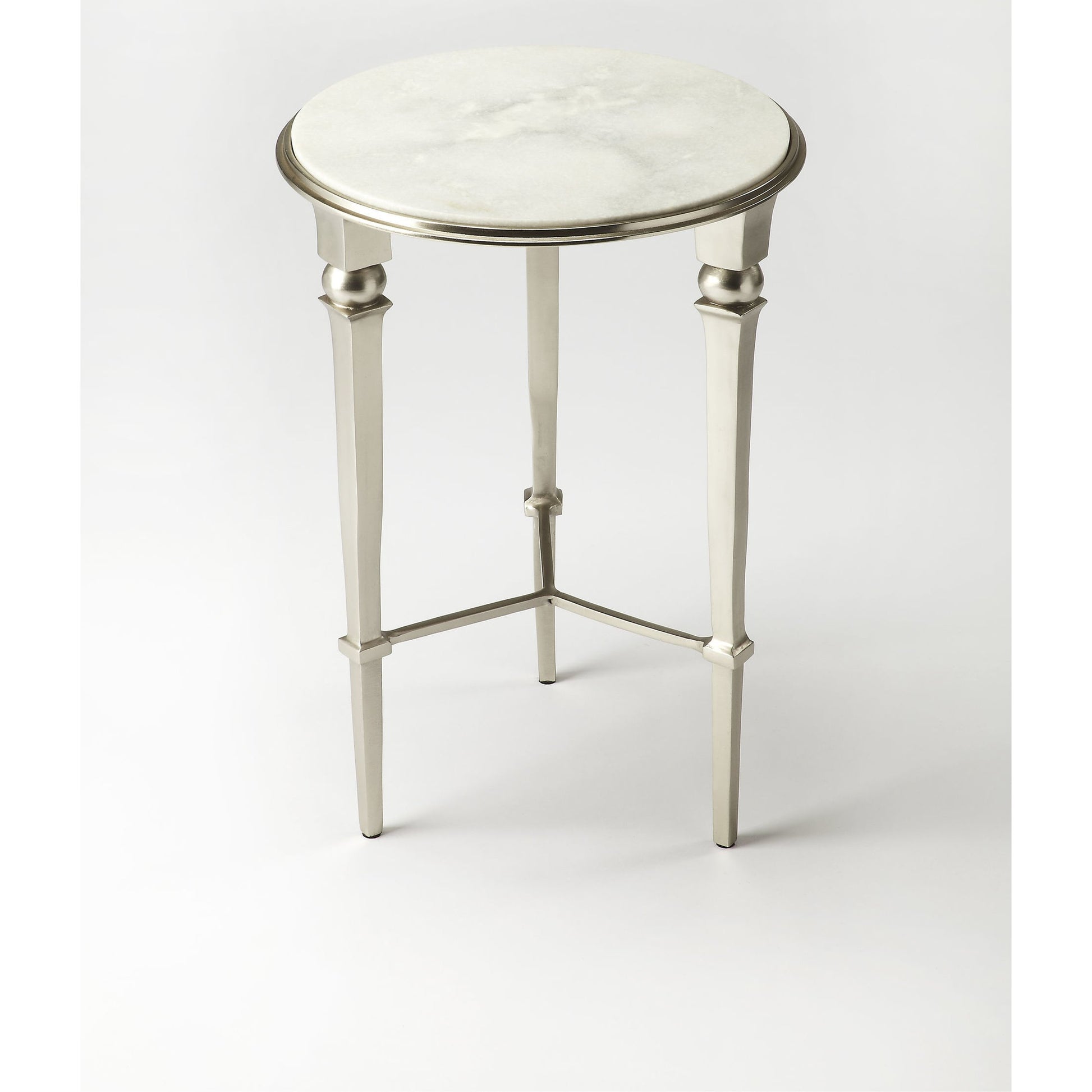 Darrieux Round Marble End Table by Butler Specialty Company in silver and modern expressions. Made from aluminum, iron, white marble in a modern style.