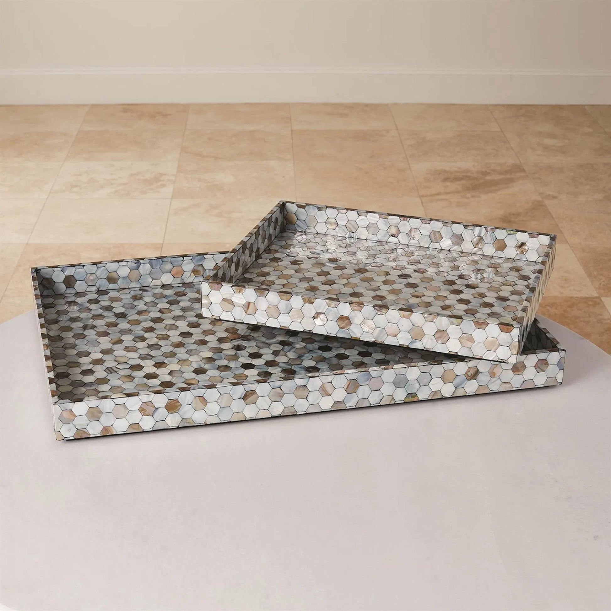 Mother of Pearl Tray by Global Views. Made from mdf, plywood, mother of pearl in a coastal style.