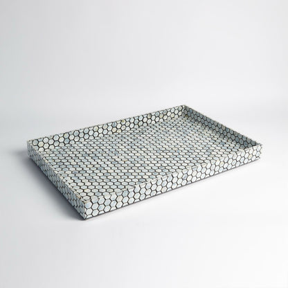 Mother of Pearl Tray by Global Views. Made from mdf, plywood, mother of pearl in a coastal style.