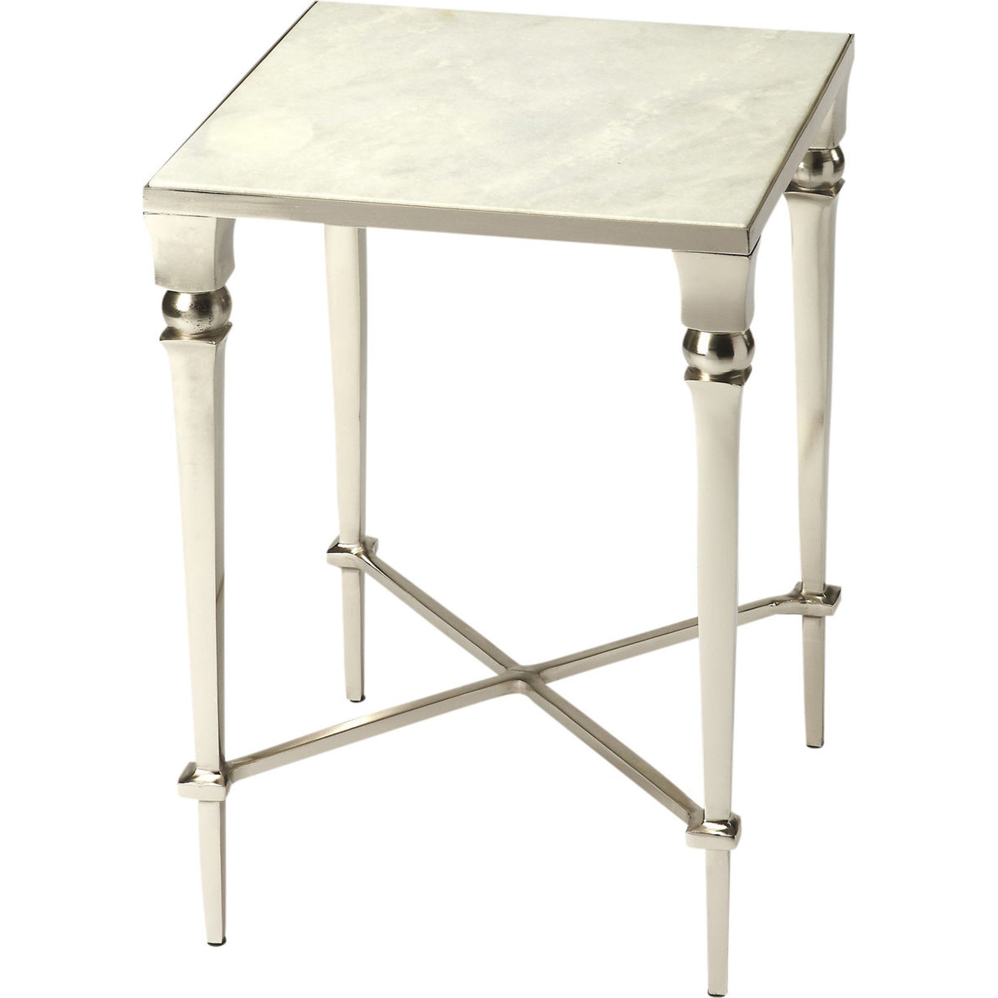 Darrieux Marble End Table by Butler Specialty Company in silver and modern expressions. Made from aluminium, iron, white marble in a modern style.