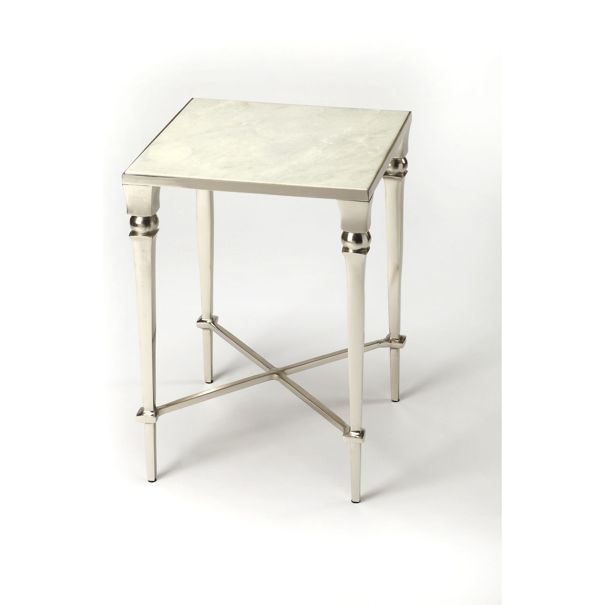 Darrieux Marble End Table by Butler Specialty Company in silver and modern expressions. Made from aluminium, iron, white marble in a modern style.