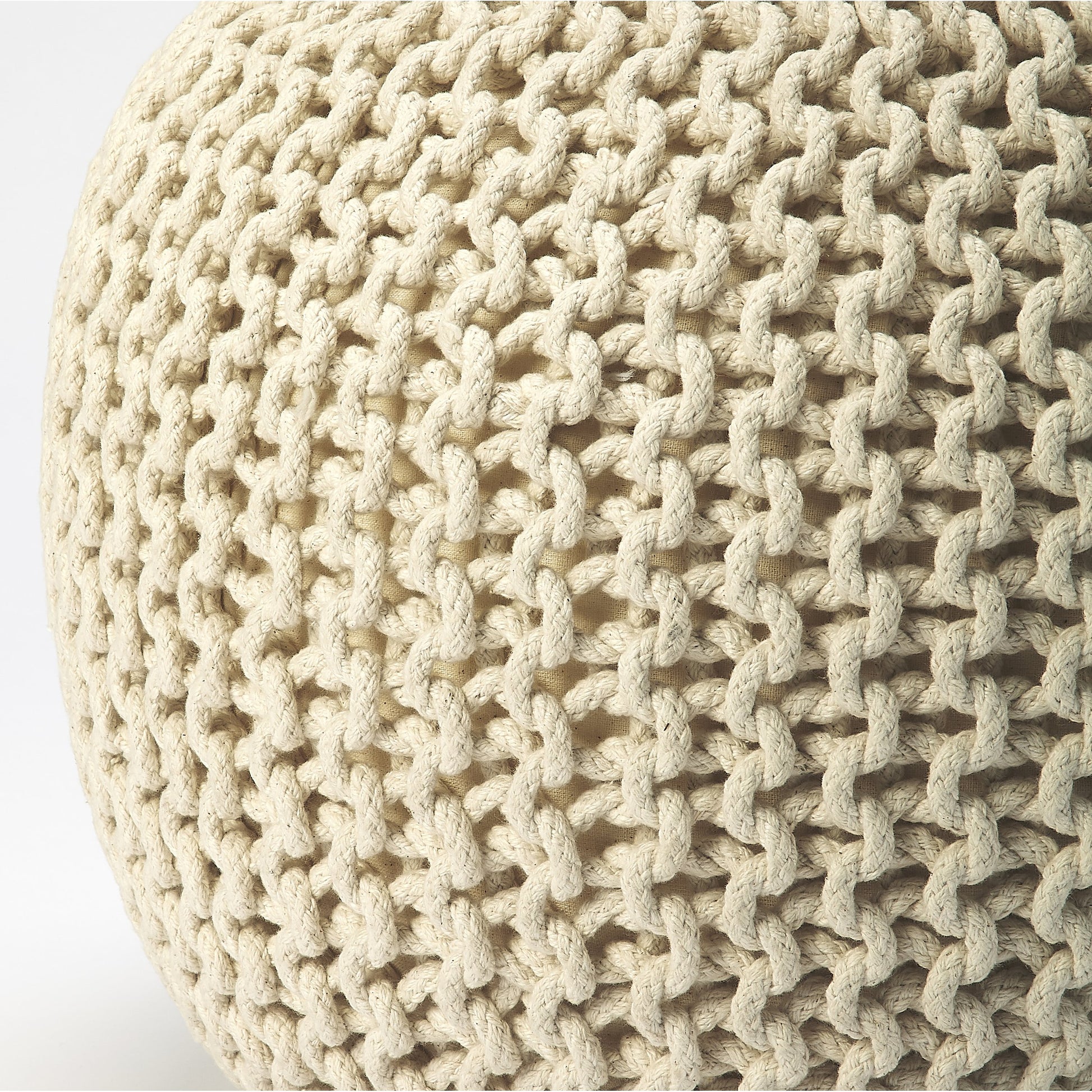 Pincushion Woven Pouf by Butler Specialty Company. Made from fabric: jute, fill: thermocol beans in a coastal style.