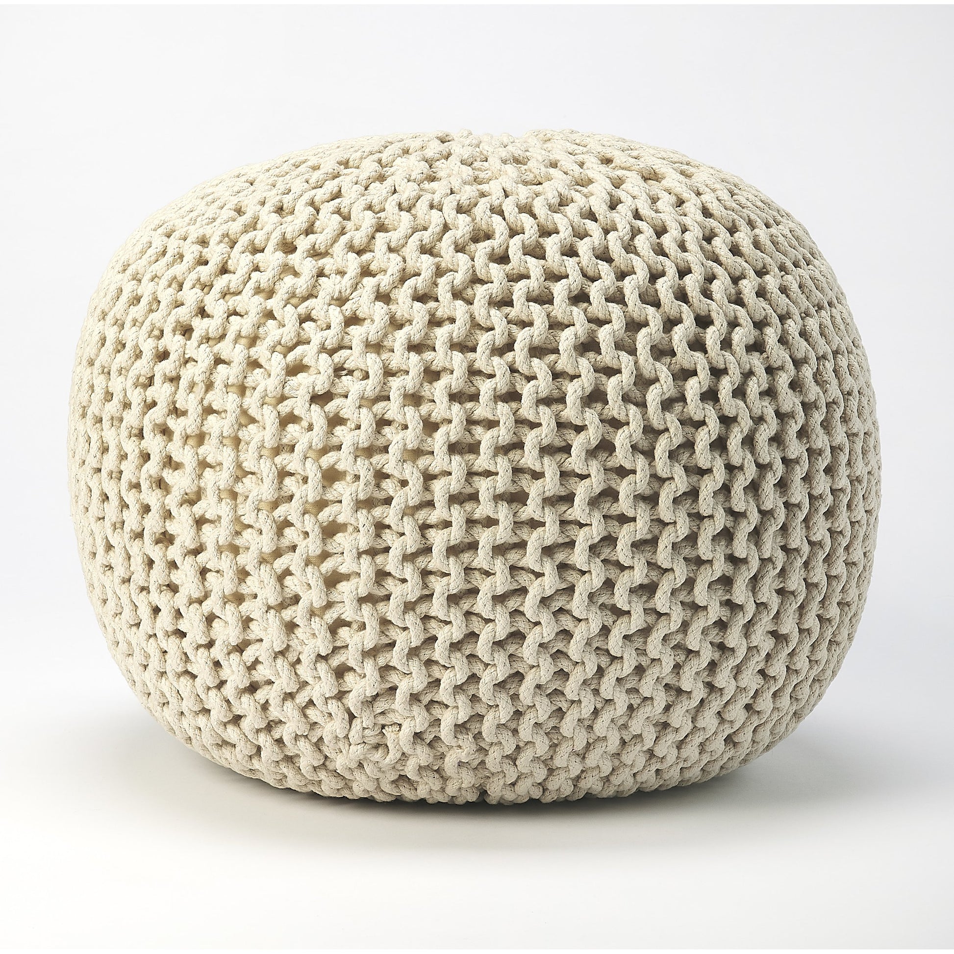 Pincushion Woven Pouf by Butler Specialty Company. Made from fabric: jute, fill: thermocol beans in a coastal style.
