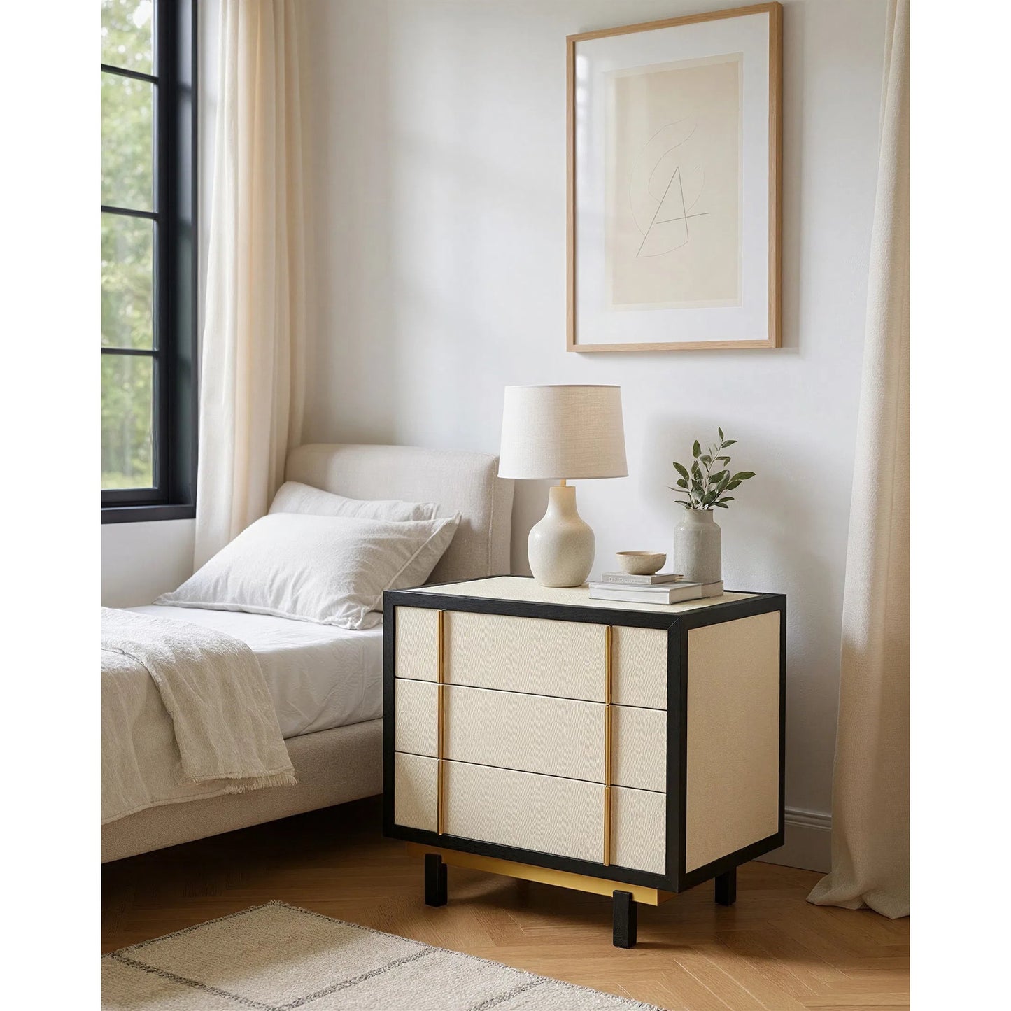 009 SI-2191701 | Lifestyle | Deanna Raffia Nightstand by Currey and Company in ivory, black, brushed brass, natural, dusty blue, clear. Made from raffia, okume veneer, stainless steel, sycamore veneer, tempered glass in a modern style.