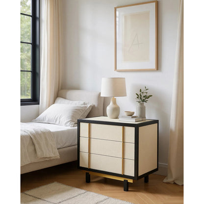 Deanna Raffia Nightstand by Currey and Company in ivory, black, brushed brass, natural, dusty blue, clear. Made from raffia, okume veneer, stainless steel, sycamore veneer, tempered glass in a modern style.