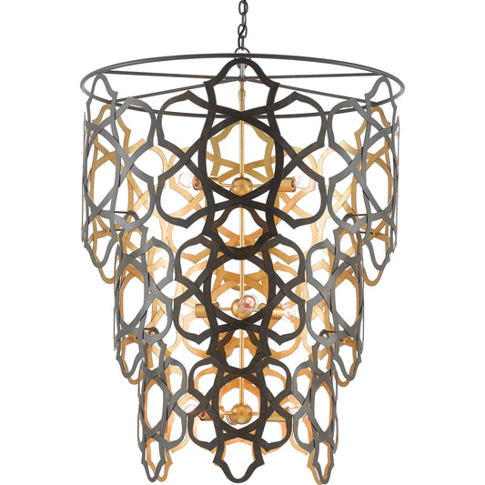 Mauresque Chandelier by Currey and Company in bronze gold, contemporary gold leaf. Made from wrought iron in a eclectic & global style.