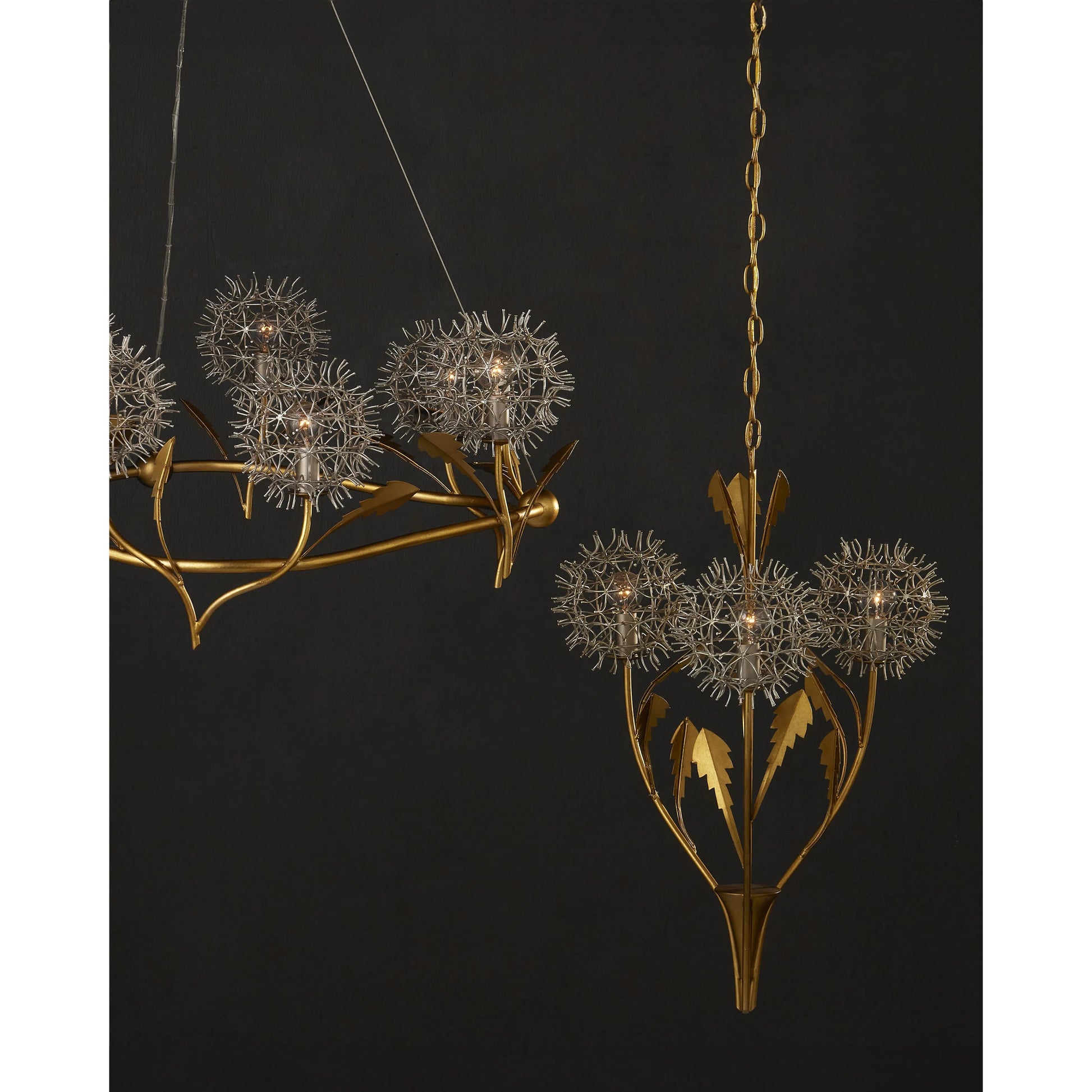 Dandelion Chandelier by Currey and Company in contemporary silver leaf, contemporary gold leaf. Made from wrought iron in a modern style.