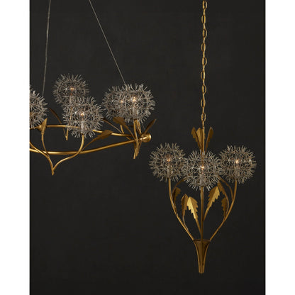 Dandelion Chandelier by Currey and Company in contemporary silver leaf, contemporary gold leaf. Made from wrought iron in a modern style.