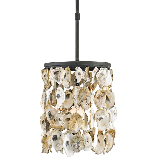 Stillwater Pendant by Currey and Company in blacksmith, natural. Made from wrought iron, shell in a coastal style.