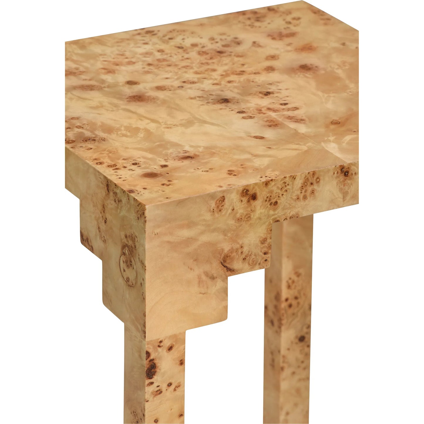 005 SI-2334805 | Closeup | Falls Pedestal by Chelsea House in brown, gold and mappa burl, antique brass. Made from unique in a modern style.