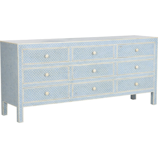 Milford Dresser by Chelsea House in white, cream, blue and white, blue, fish scale pattern. Made from unique in a unique style.