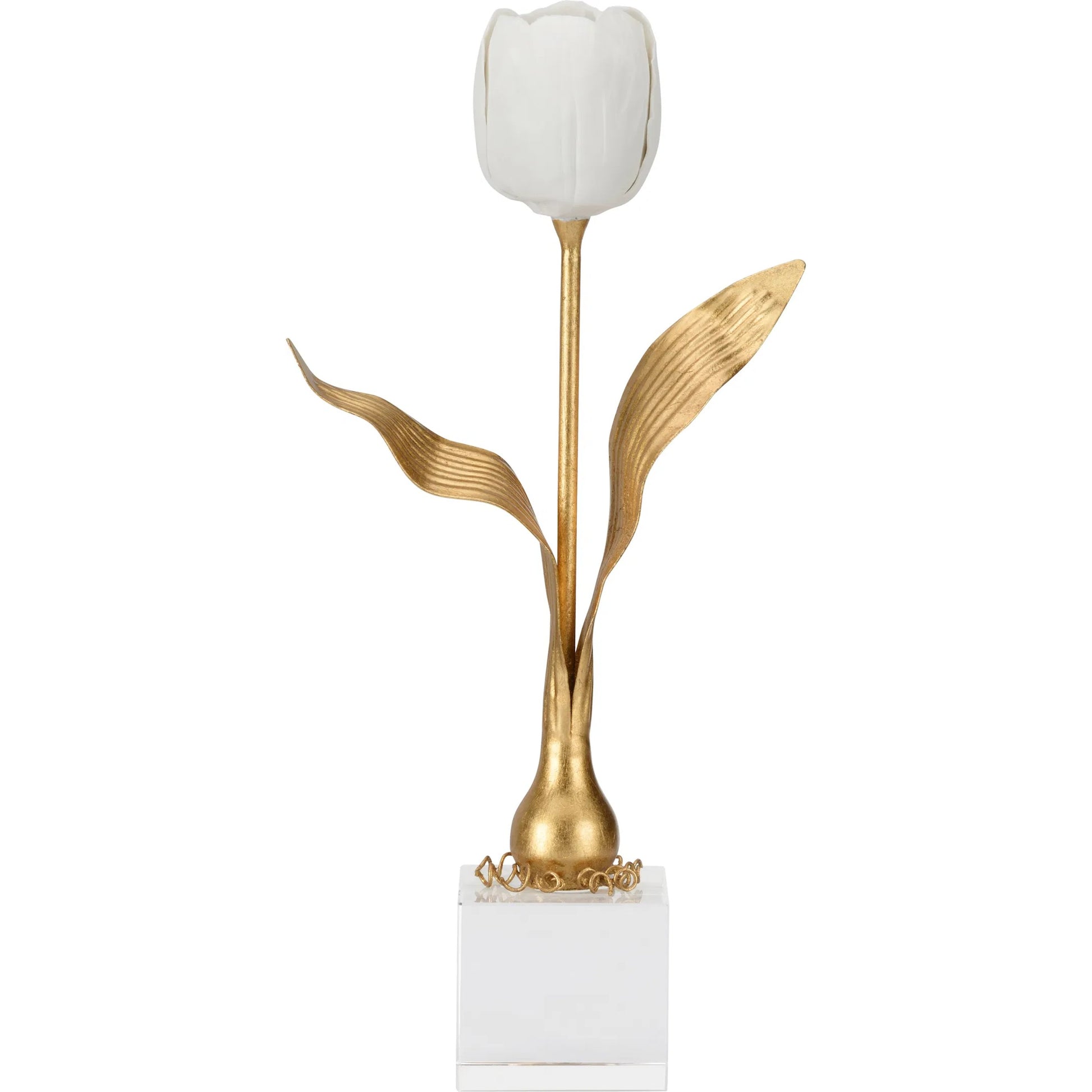 Darwin Tulip on Stand by Chelsea House in gold, white, cream and antique gold leaf, white, clear. Made from unique in a transitional style.