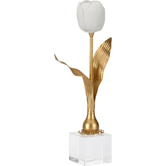 Darwin Tulip on Stand by Chelsea House in gold, white, cream and antique gold leaf, white, clear. Made from unique in a unique style.