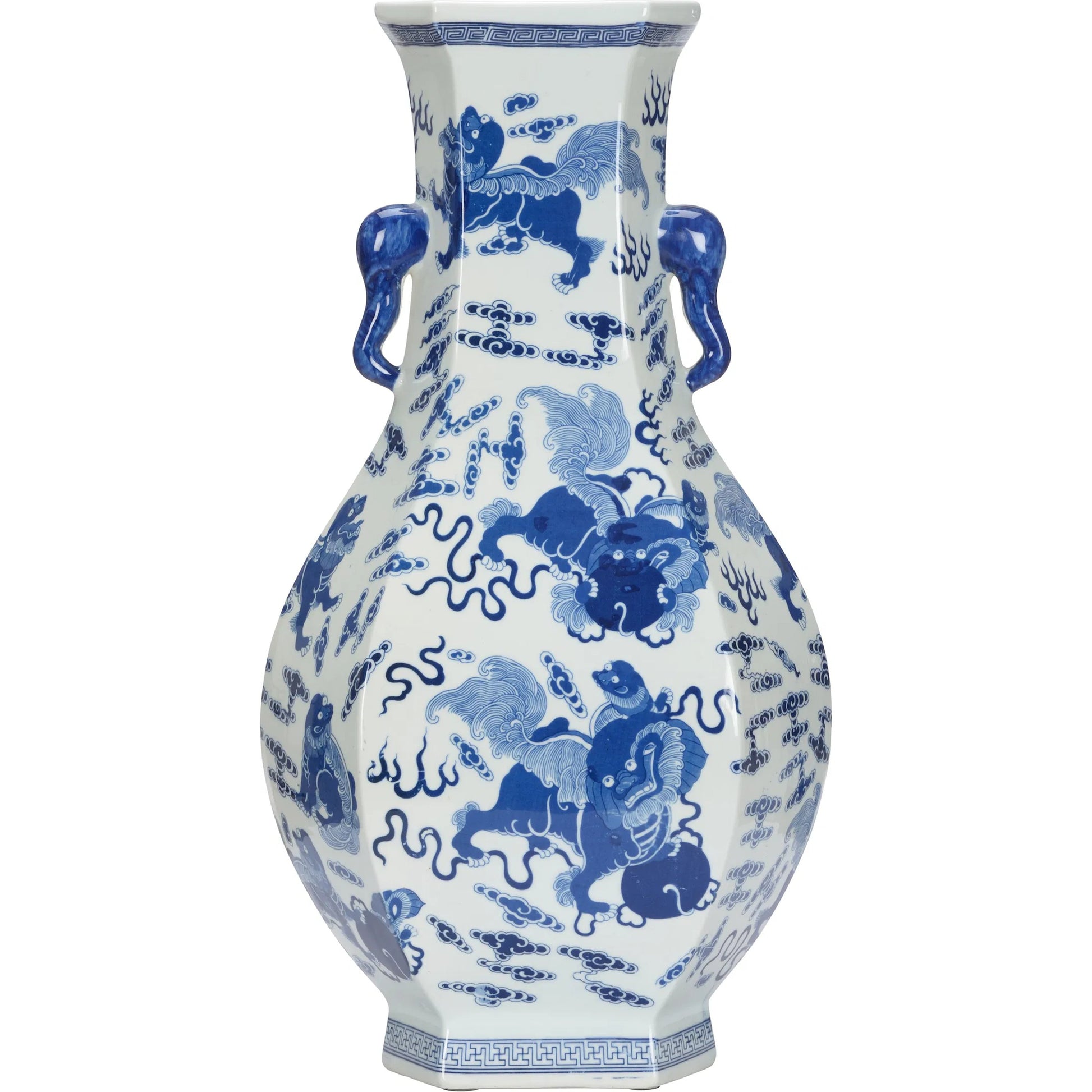 Shi Vase by Chelsea House in blue, white, cream and blue, white glaze. Made from unique in a traditional style.