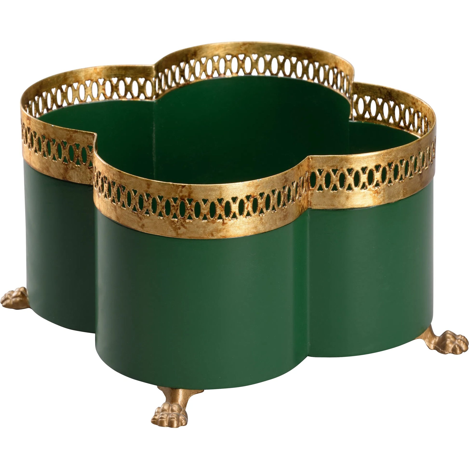 Tracery Green Cachepot by Chelsea House in green, gold and antique gold, green. Made from unique in a unique style.