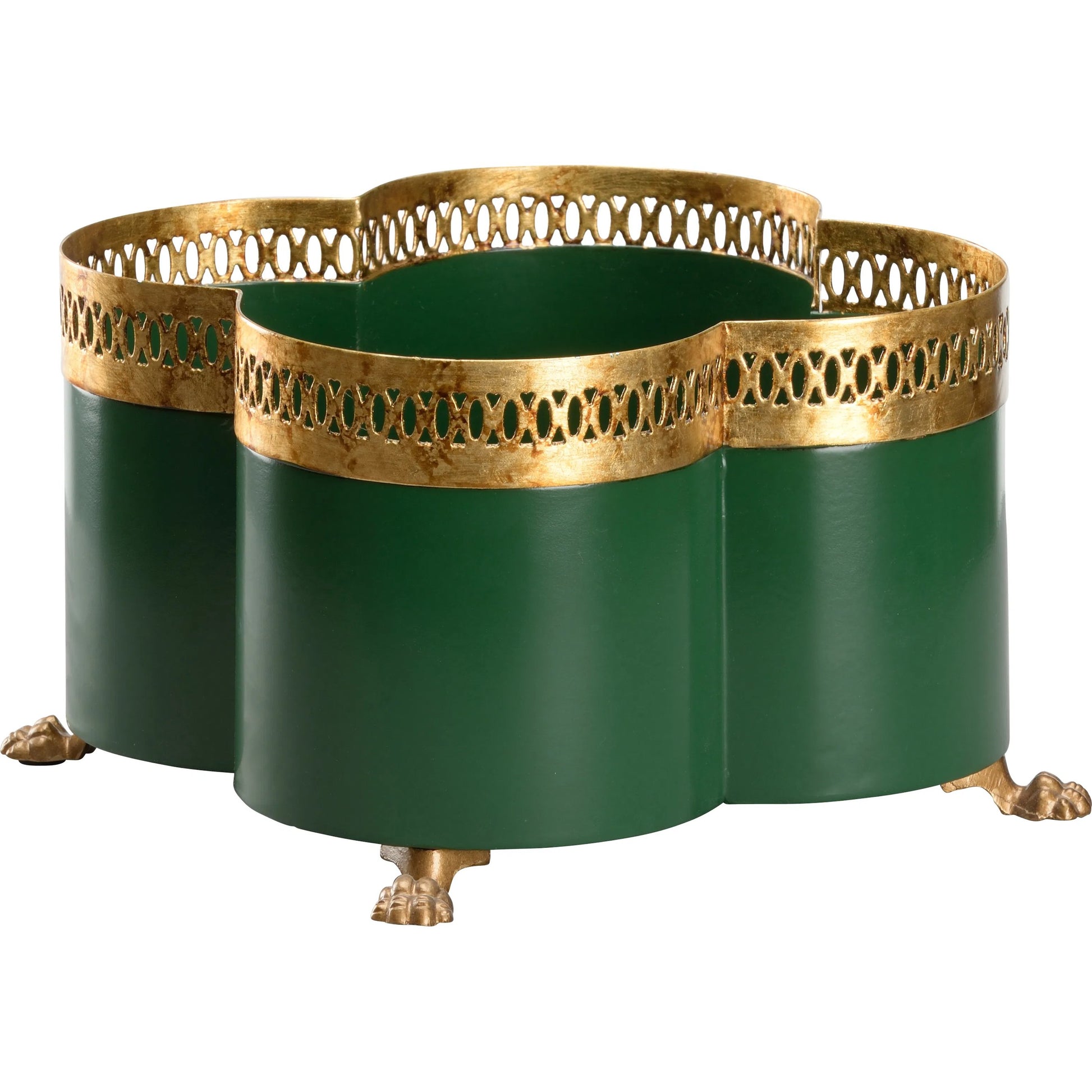 Tracery Green Cachepot by Chelsea House in green, gold and antique gold, green. Made from unique in a unique style.
