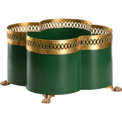 Tracery Green Cachepot by Chelsea House in green, gold and antique gold, green. Made from unique in a unique style.