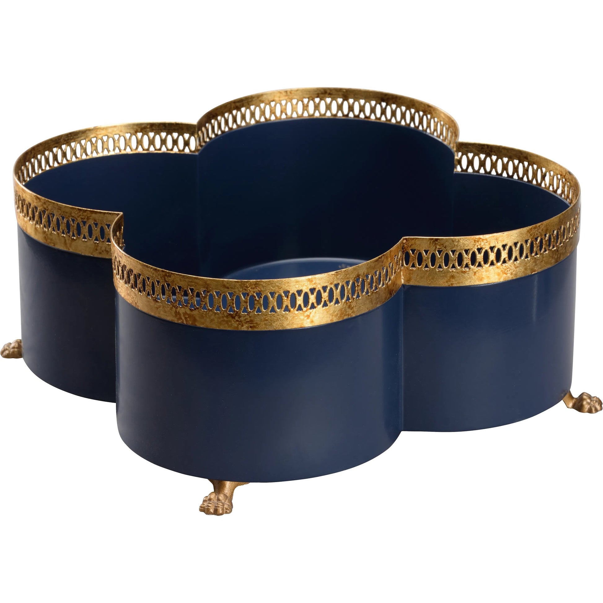 Tracery Blue Cachepot by Chelsea House in blue, gold and antique gold, navy blue. Made from unique in a unique style.