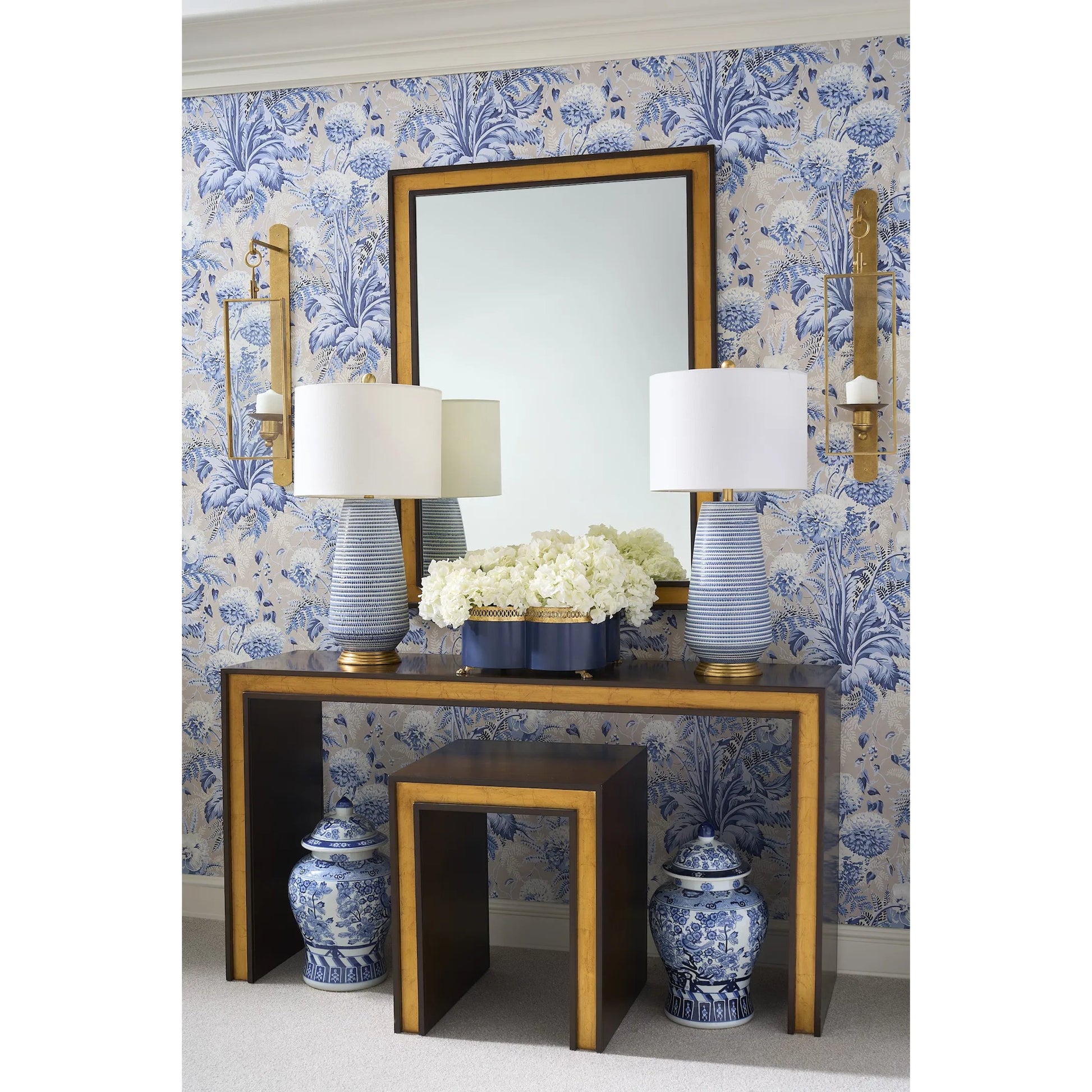 Tracery Blue Cachepot by Chelsea House in blue, gold and antique gold, navy blue. Made from unique in a unique style.