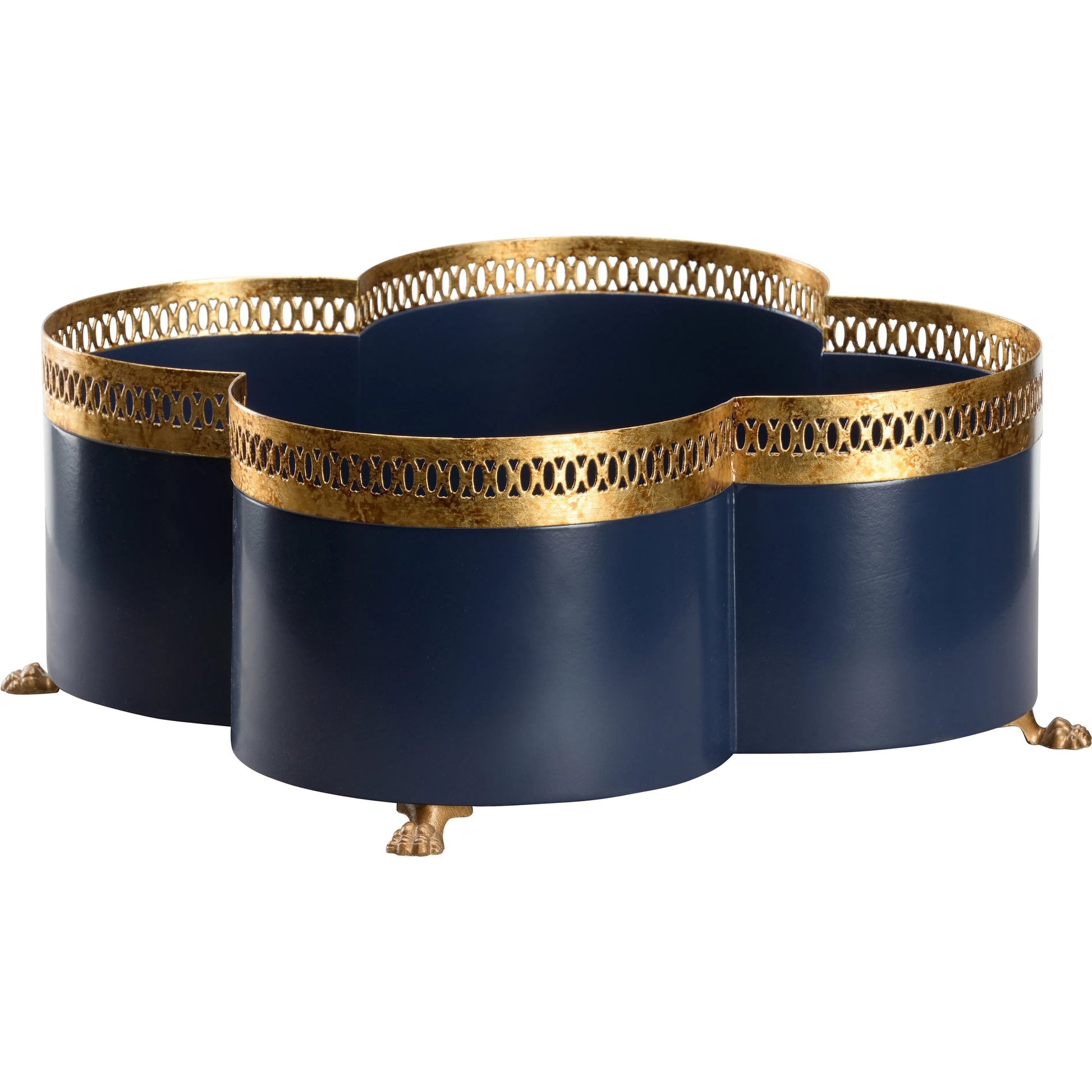 Tracery Blue Cachepot by Chelsea House in blue, gold and antique gold, navy blue. Made from unique in a unique style.