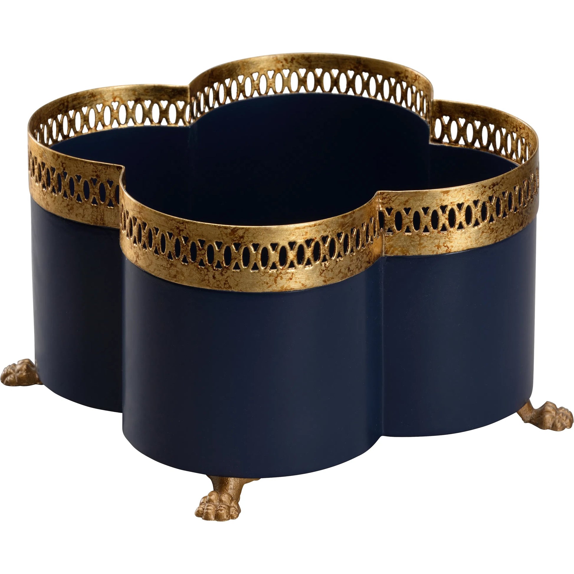 Tracery Blue Cachepot by Chelsea House in blue, gold and antique gold, navy blue. Made from unique in a unique style.