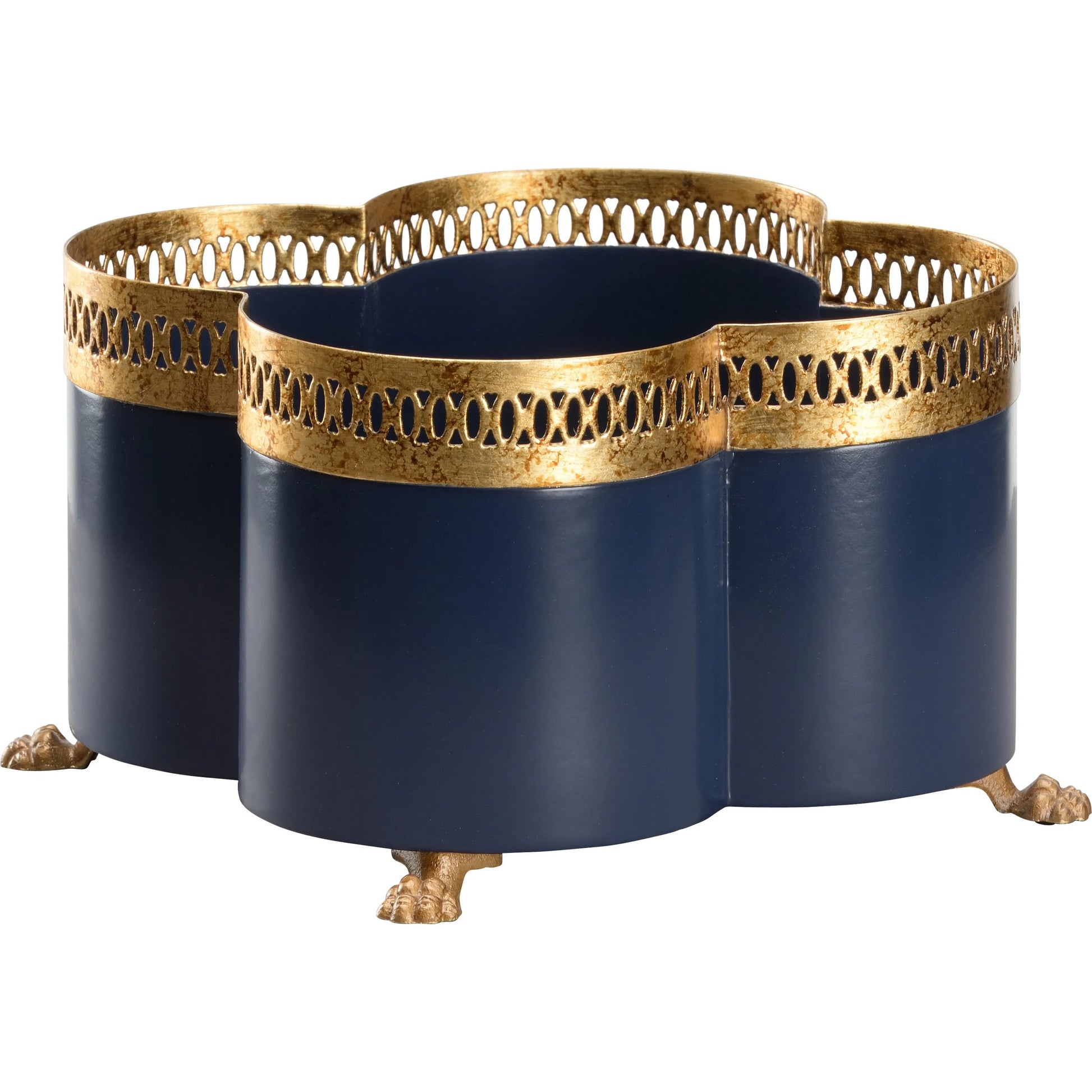 Tracery Blue Cachepot by Chelsea House in blue, gold and antique gold, navy blue. Made from unique in a unique style.