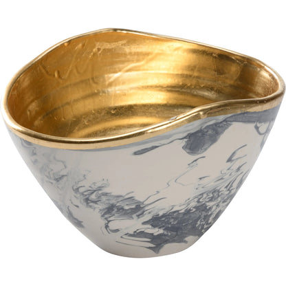 Grigio Bowl by Chelsea House in gray, white, cream and slate blue and white marbled glaze, gold leaf. Made from unique in a traditional style.