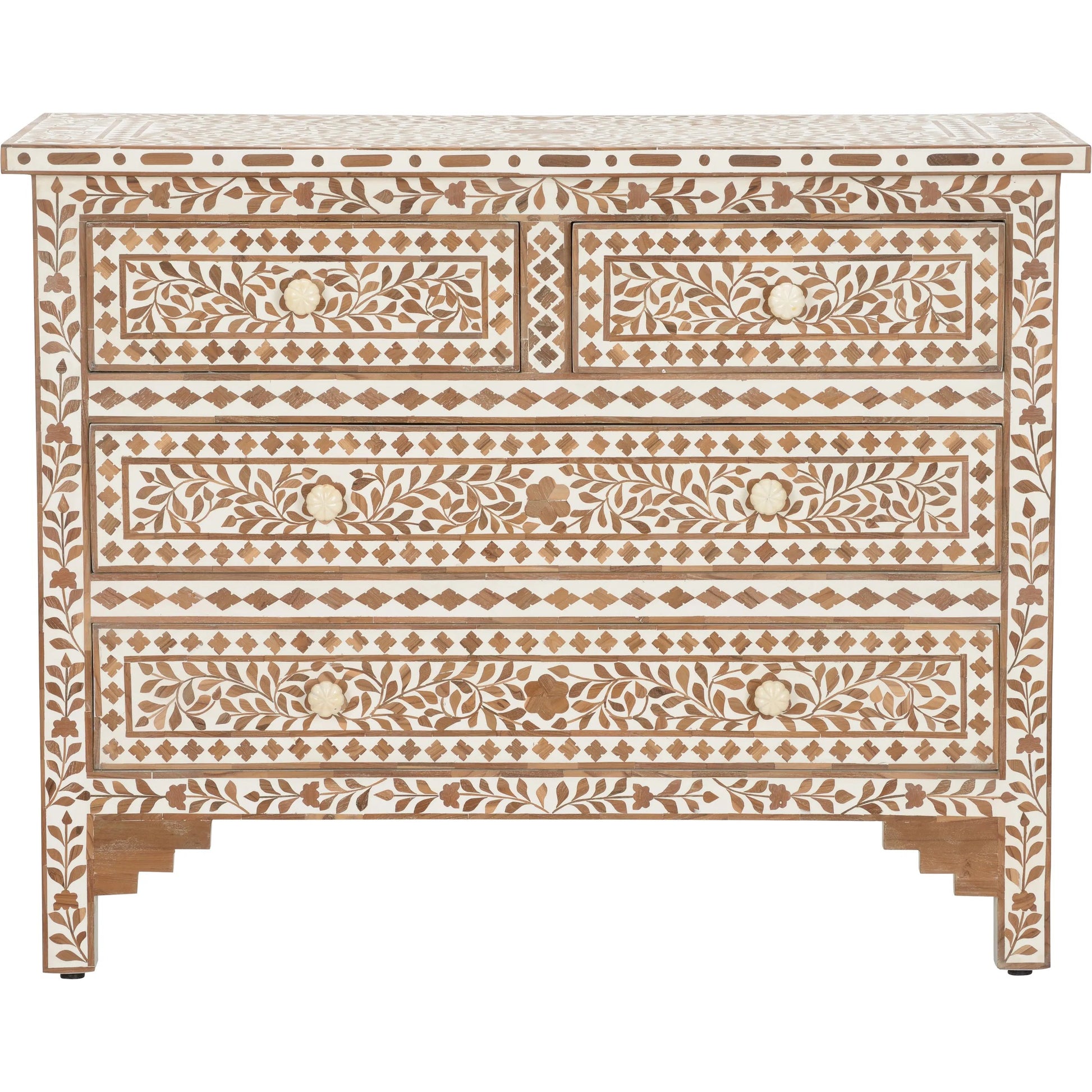 Zara Chest by Chelsea House in brown, white, cream and brown, white. Made from teak wood in a unique style.