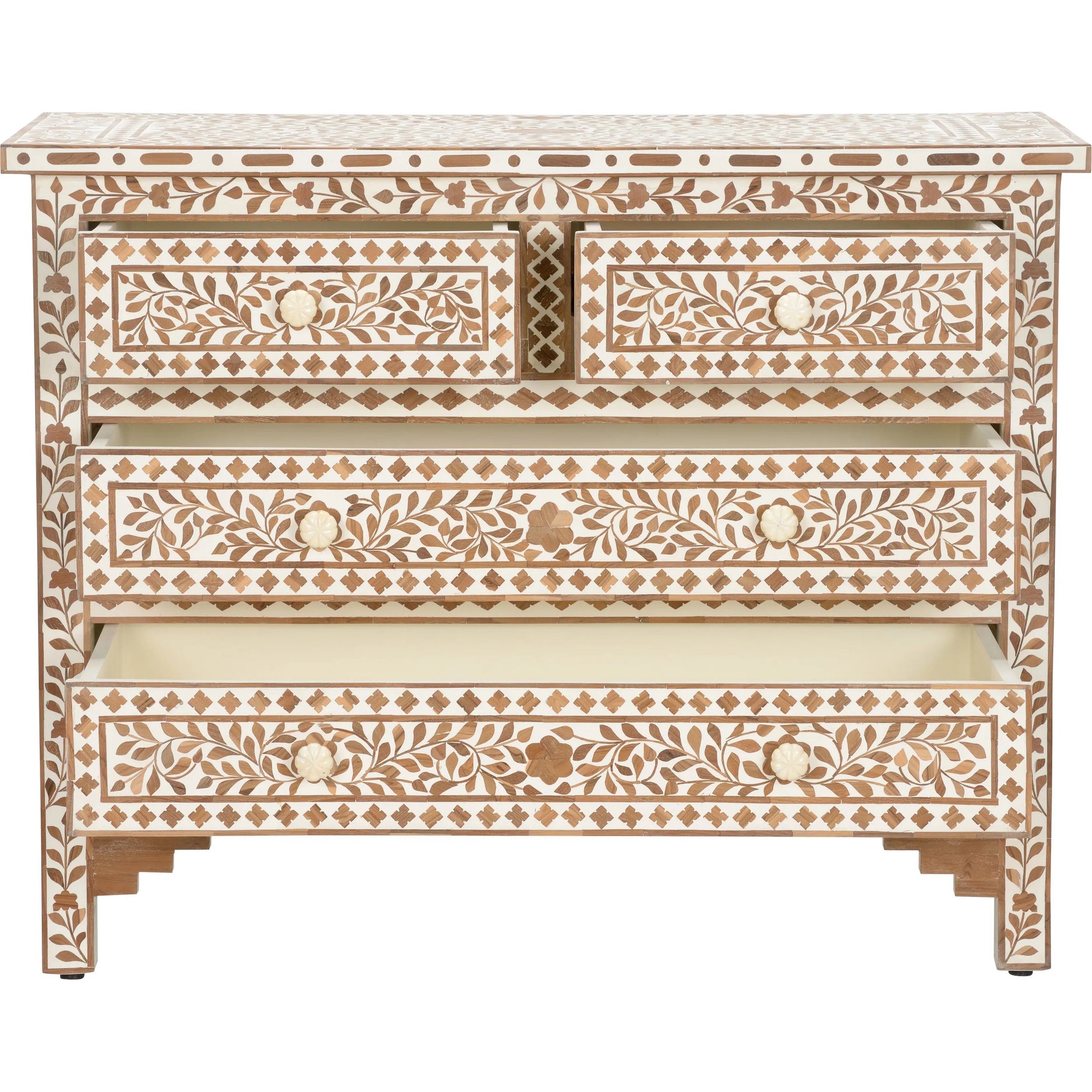 Zara Chest by Chelsea House in brown, white, cream and brown, white. Made from teak wood in a unique style.
