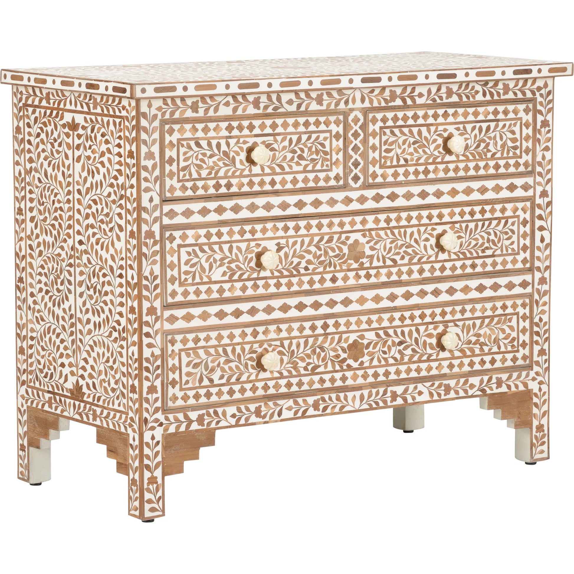 Zara Chest by Chelsea House in brown, white, cream and brown, white. Made from teak wood in a unique style.