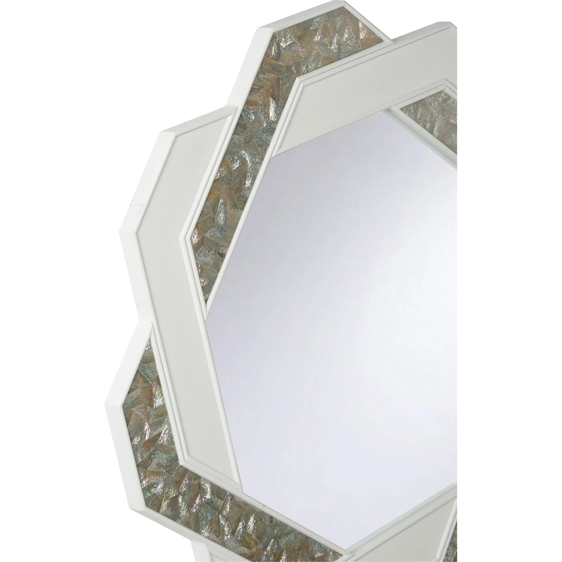 Myra Mirror by Chelsea House in white, cream and white, natural white, clear, plain. Made from wood, white leather, abalone shell inlays in a unique style.