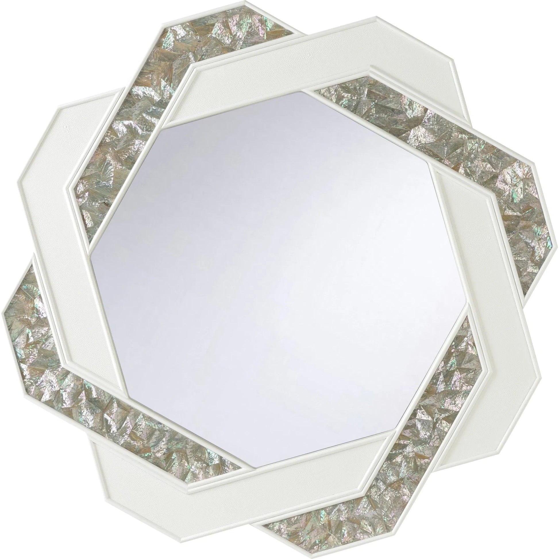 Myra Mirror by Chelsea House in white, cream and white, natural white, clear, plain. Made from wood, white leather, abalone shell inlays in a unique style.