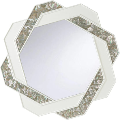 Myra Mirror by Chelsea House in white, cream and white, natural white, clear, plain. Made from wood, white leather, abalone shell inlays in a unique style.