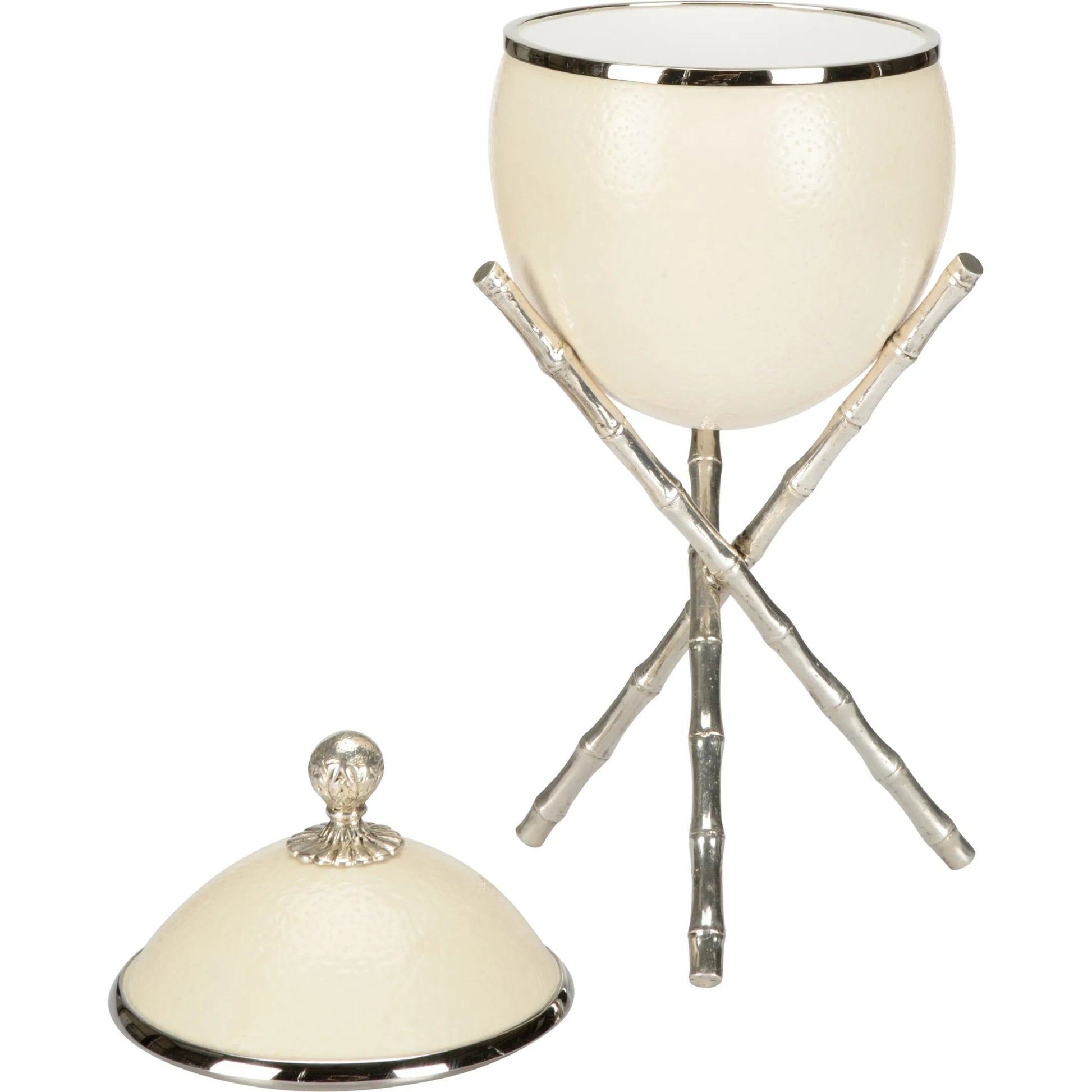The Tripod Ostrich Eggshell Box by Chelsea House in white, cream, silver and silverplated, cream. Made from unique in a unique style.