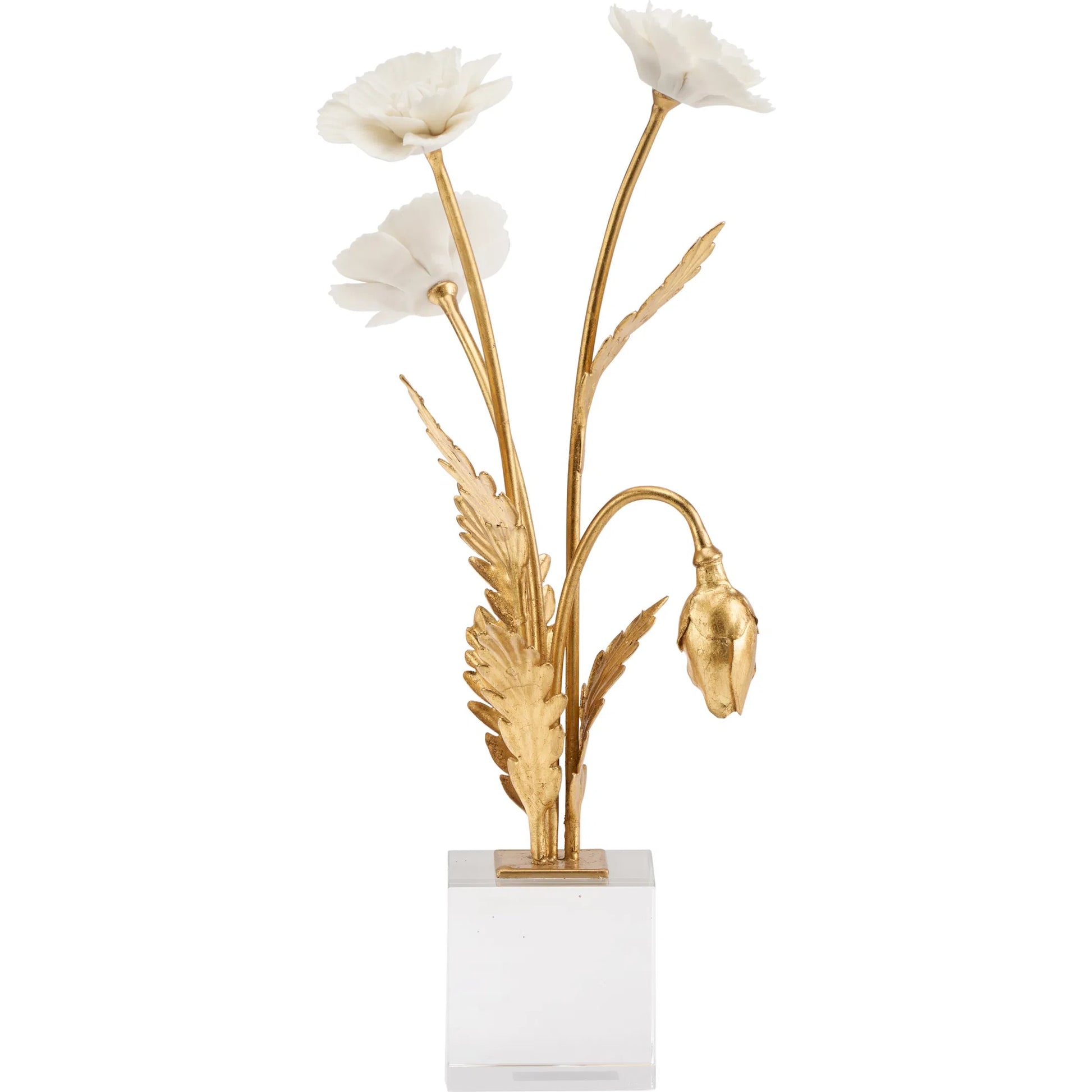 Porcelain Poppie in Crystal Base by Chelsea House in matte white, gold leaf, clear. Made from unique in a modern style.