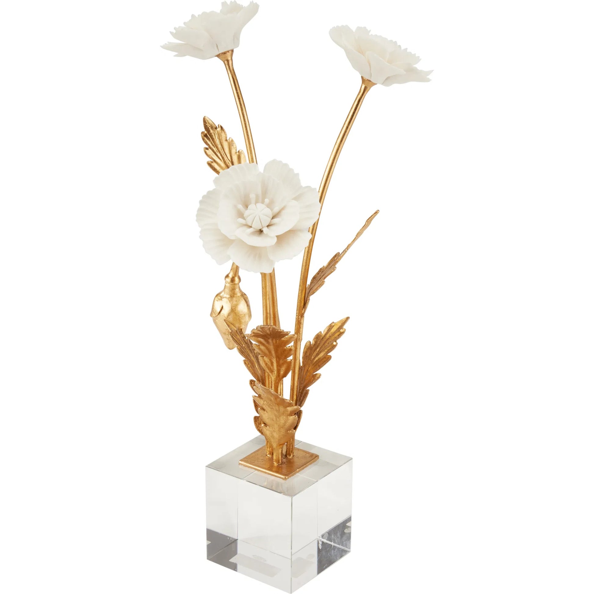 Porcelain Poppie in Crystal Base by Chelsea House in matte white, gold leaf, clear. Made from unique in a modern style.