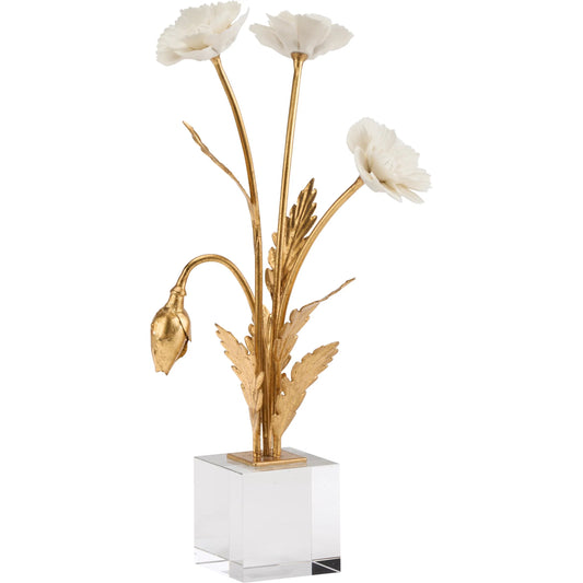 Porcelain Poppie in Crystal Base by Chelsea House in matte white, gold leaf, clear. Made from unique in a unique style.