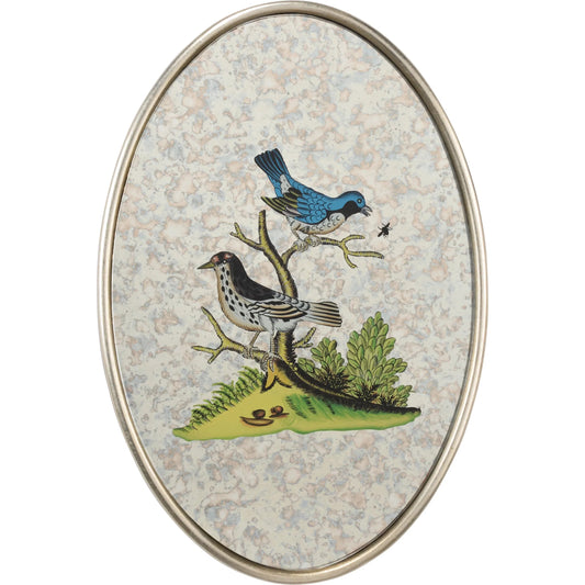 Oval Antiqued Mirrored Bird-E by Chelsea House in silver and antique silver leaf, hand painted, antiqued, plain. Made from unique in a unique style.