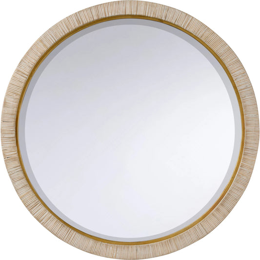 Stately Round Mirror by Chelsea House in whitewashed, antique gold leaf, clear, beveled. Made from unique in a unique style.