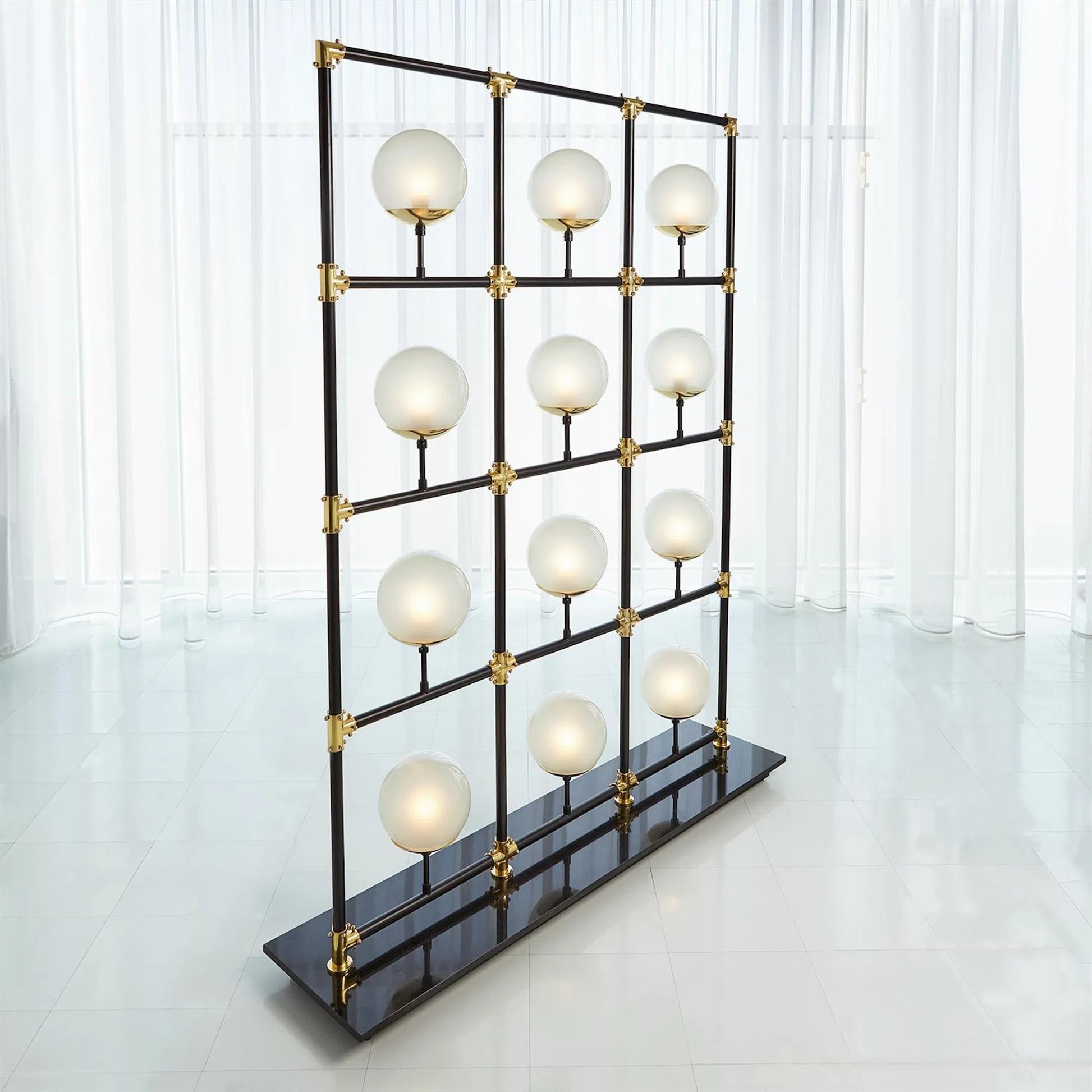 Globe in Square Floor Screen by Global Views in brass lacquer, black powder coating. Made from steel, brass in a eclectic & global style.