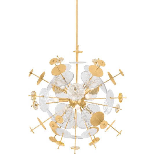 Gleason Chandelier by Corbett in vintage gold leaf. Made from iron in a unique style.