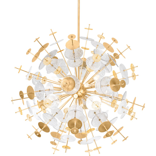 Gleason Chandelier by Corbett in vintage gold leaf. Made from iron in a unique style.