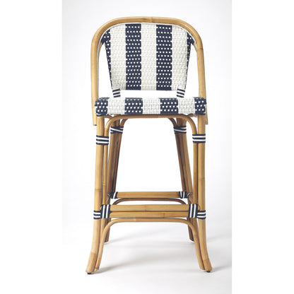 Lila Rattan Bar Stool by Butler Specialty Company in blue and blue. Made from rattan, plastic weave in a coastal style.
