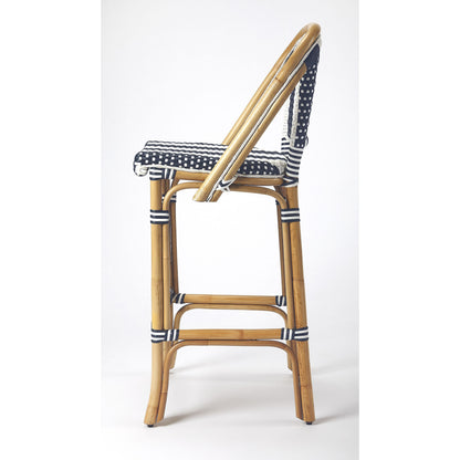 Lila Rattan Bar Stool by Butler Specialty Company in blue and blue. Made from rattan, plastic weave in a coastal style.