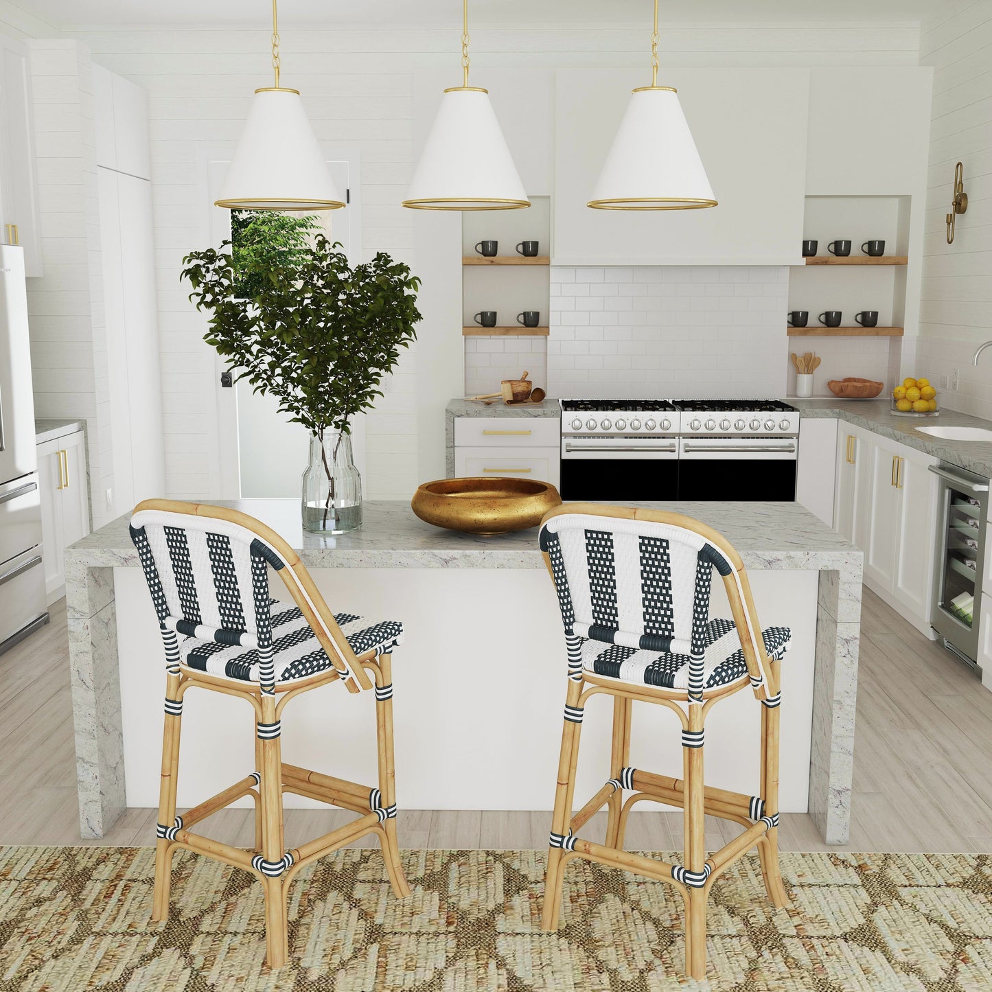 009 SR-770487 | Lifestyle | Lila Rattan Bar Stool by Butler Specialty Company in blue and blue. Made from rattan, plastic weave in a coastal style.