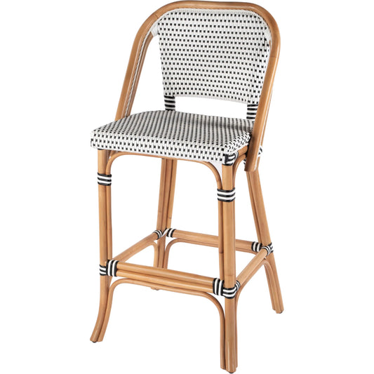 Lila Rattan Black & White Bar Stool by Butler Specialty Company in black, white. Made from rattan, polyurethane synthetic rattan in a unique style.