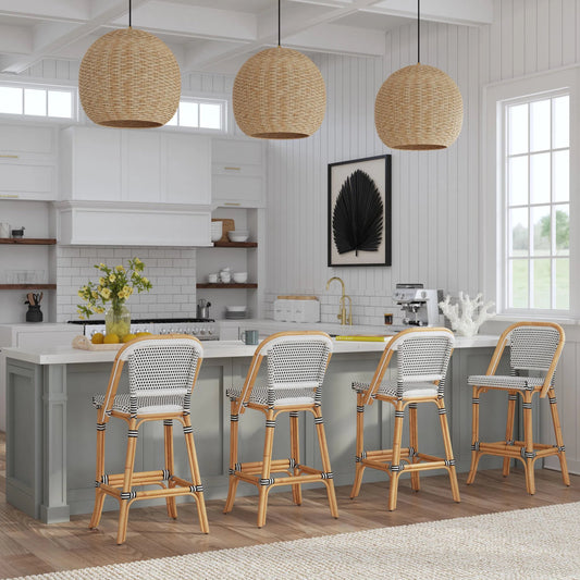 Lila Rattan Black & White Bar Stool by Butler Specialty Company in black, white. Made from rattan, polyurethane synthetic rattan in a unique style.