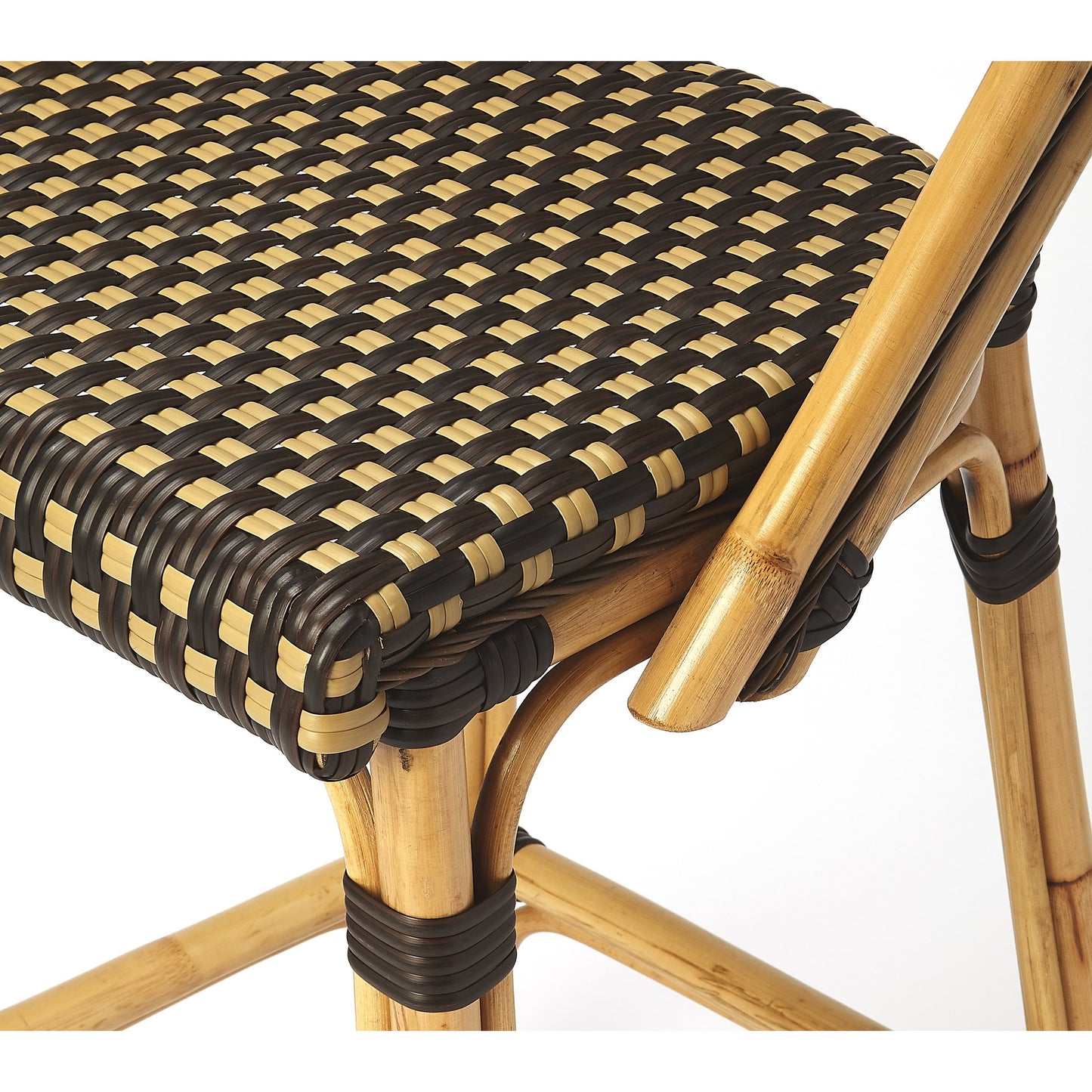 005 S-346292 | Closeup | Lila Bar Stool by Butler Specialty Company in dark brown and chocolate rattan. Made from rattan, woven polyethelene synthetic rattan in a coastal style.