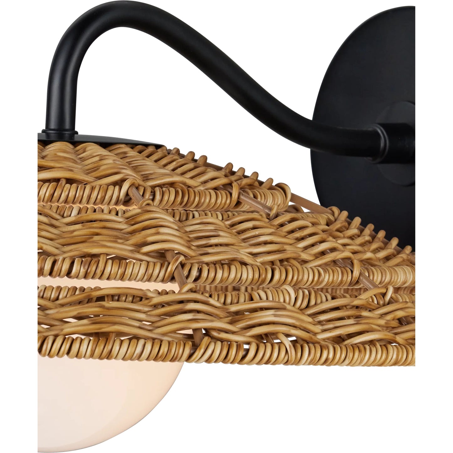 003 SI-2386955 | Closeup | Barbary Outdoor Wall Sconce by Currey and Company in natural, black, frosted white. Made from all-weather wicker, metal, glass in a rustic style.