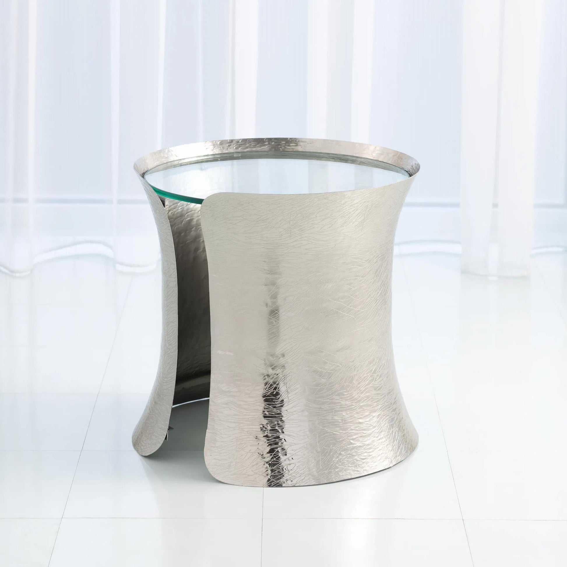 Cuff Side Table by Global Views in nickel lacquer coating. Made from aluminum, glass in a transitional style.